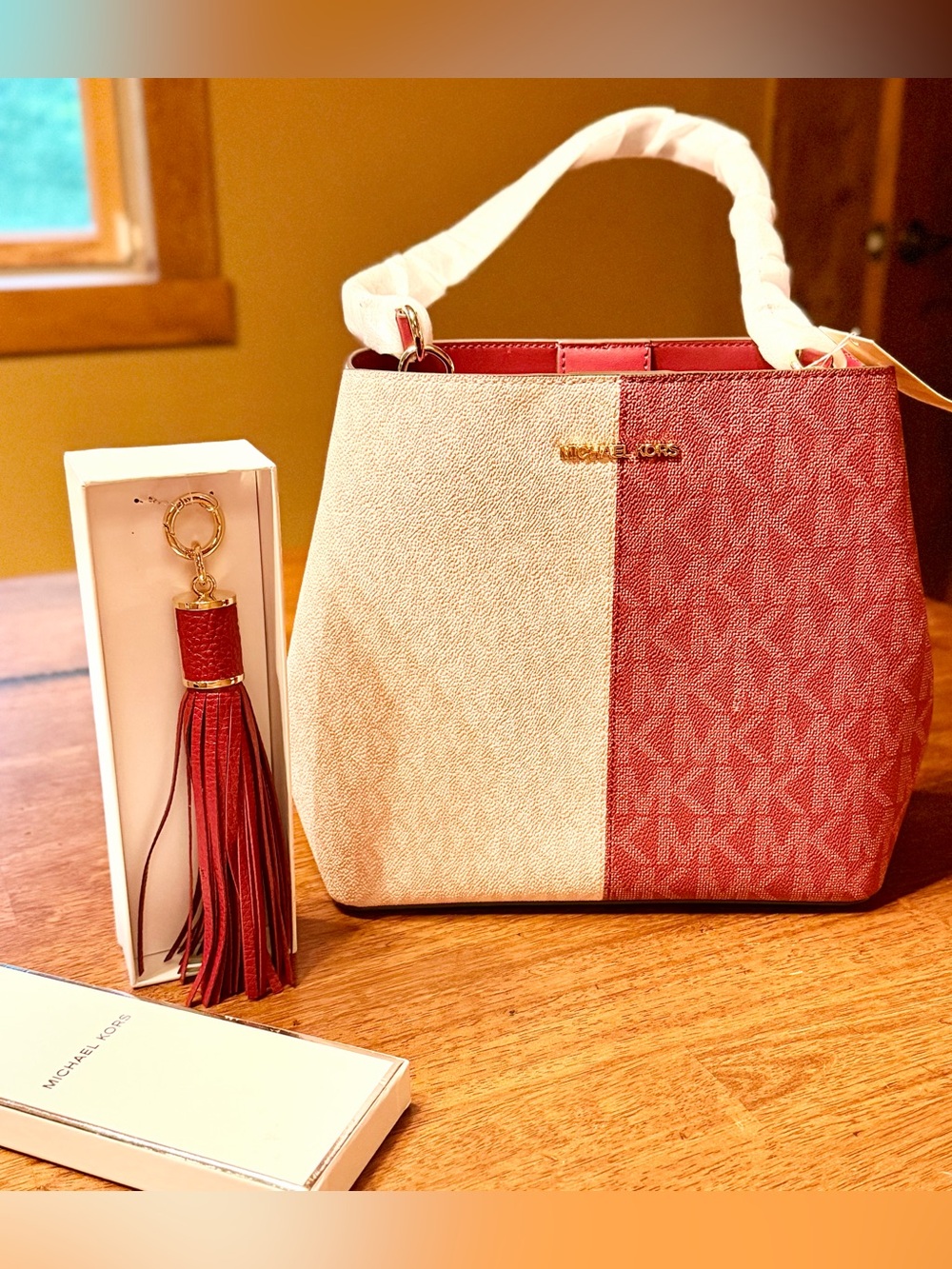 Michael Kors NEW Two-Tone Red & Cream Signature Satchel with Tassel